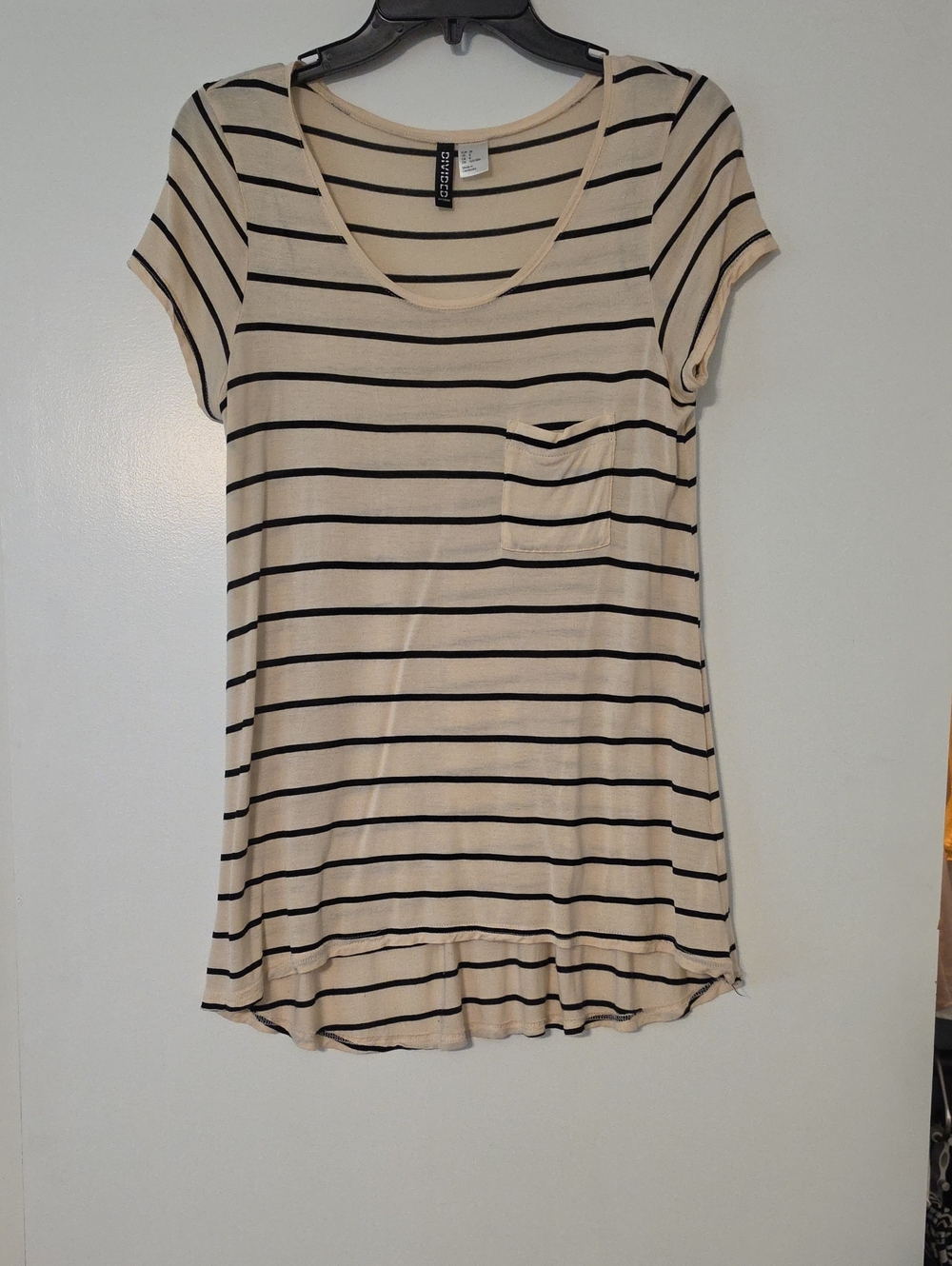 Divided Cream and Black Striped Scoop Pocket Tee